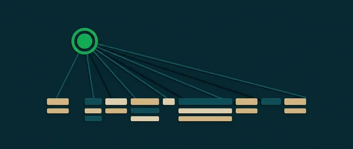 A bright node linked by thin lines to small ledger-like rectangles