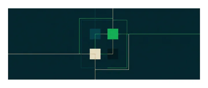 Four small squares merging along guide lines into one larger square