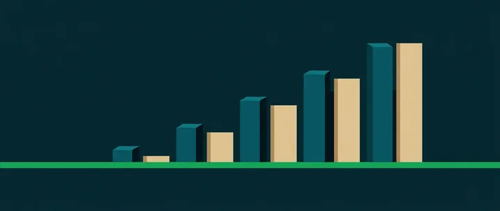 Ascending rectangular bars behind a thin bright baseline