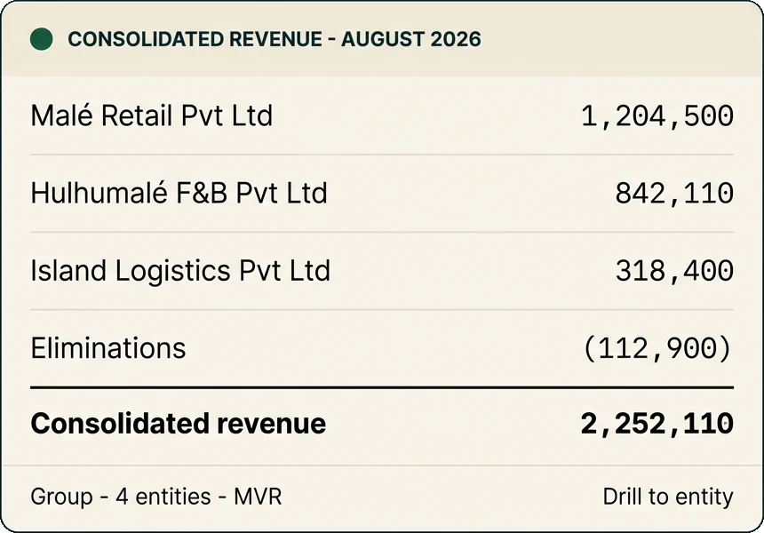 Consolidated revenue for Group · 4 entities · MVR: Malé Retail Pvt Ltd 1,204,500; Hulhumalé F&B Pvt Ltd 842,110; Island Logistics Pvt Ltd 318,400; Eliminations (112,900); Consolidated revenue 2,252,110.